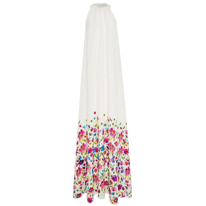 Women's Printed Sleeveless Halter Neck Sexy Big Swing Ruffle  Maxi Dress