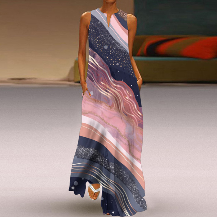Summer Sexy Women's Printed V-neck Pocket Swing Casual Loose Maxi Dress