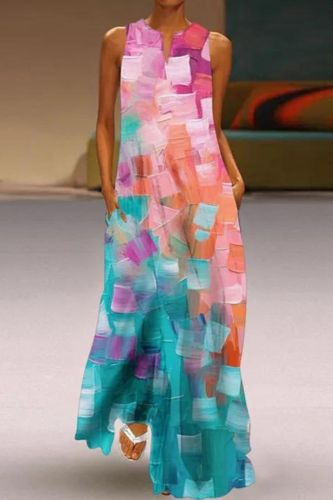 Summer Sexy Women's Printed V-neck Pocket Swing Casual Loose Maxi Dress