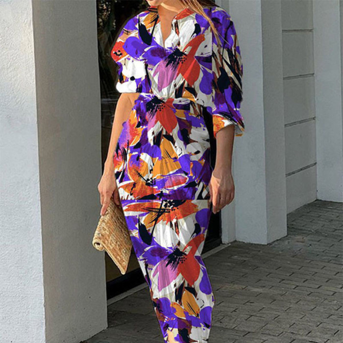 Women's Fashion Print Lapel Elegant Casual Package Hip Pleated Maxi Dress