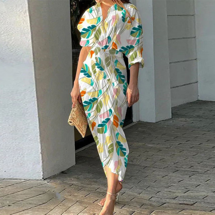 Women's Fashion Print Lapel Elegant Casual Package Hip Pleated Maxi Dress