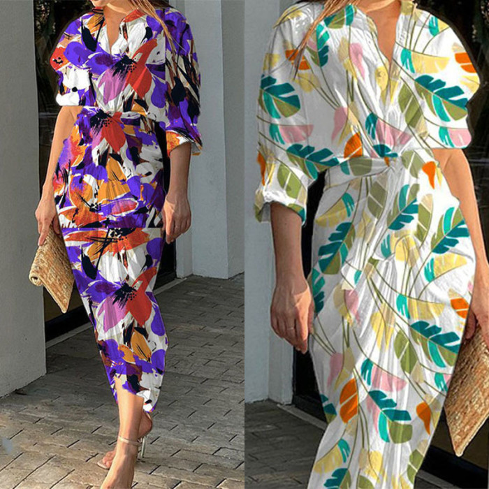 Women's Fashion Print Lapel Elegant Casual Package Hip Pleated Maxi Dress