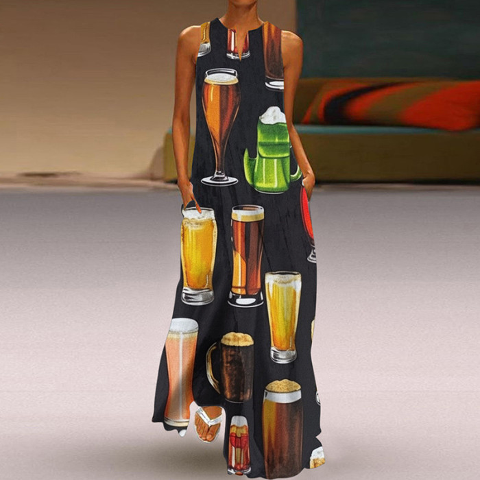 Summer Women's Sleeveless V-Neck Print Sexy Elegant Loose Party  Maxi Dress