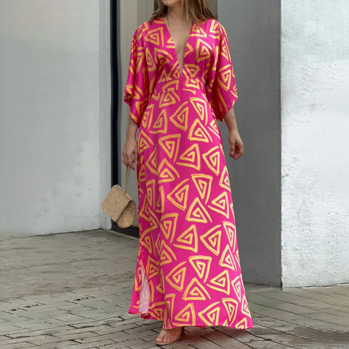 Summer Ladies Fashion Print Deep V Neck Loose  Maxi Dress