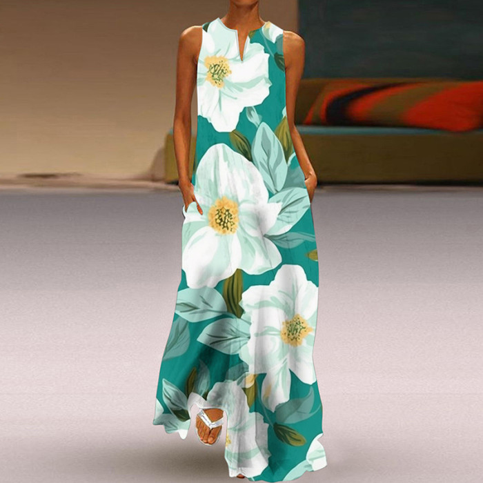 Summer Women's Sleeveless V-Neck Print Sexy Elegant Loose Party  Maxi Dress