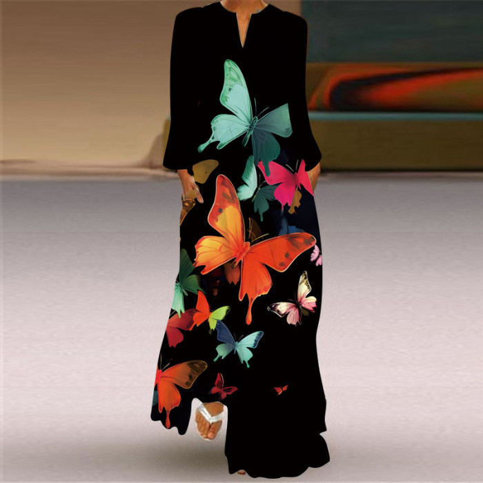 Fashion V Neck Long Sleeve Pocket Print Casual Loose Maxi Dress