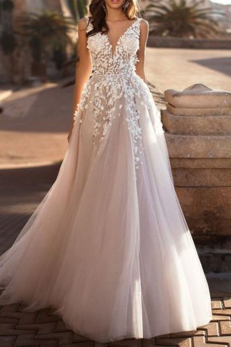 Women's Sexy Lace Sleeveless Deep V Neck Elegant Wedding Dress