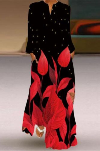 Fashion V Neck Long Sleeve Pocket Print Casual Loose Maxi Dress