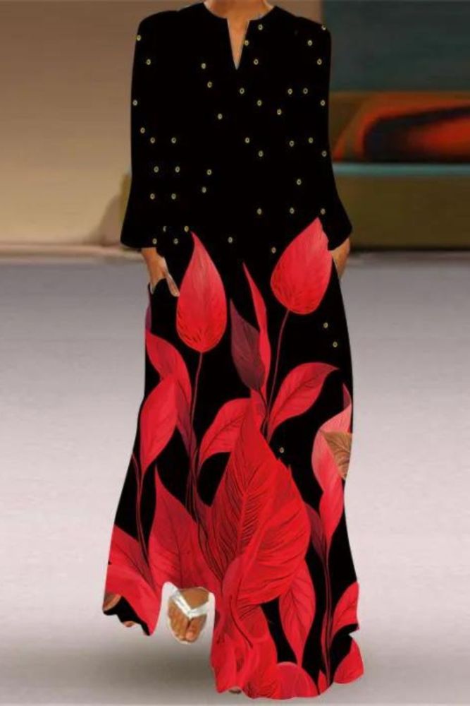 Fashion V Neck Long Sleeve Pocket Print Casual Loose Maxi Dress