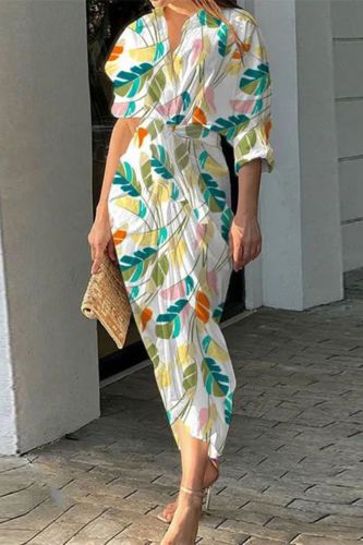 Women's Fashion Print Lapel Elegant Casual Package Hip Pleated Maxi Dress