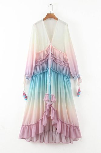 Summer Women's Deep V Long Sleeve Printed  Maxi Dress