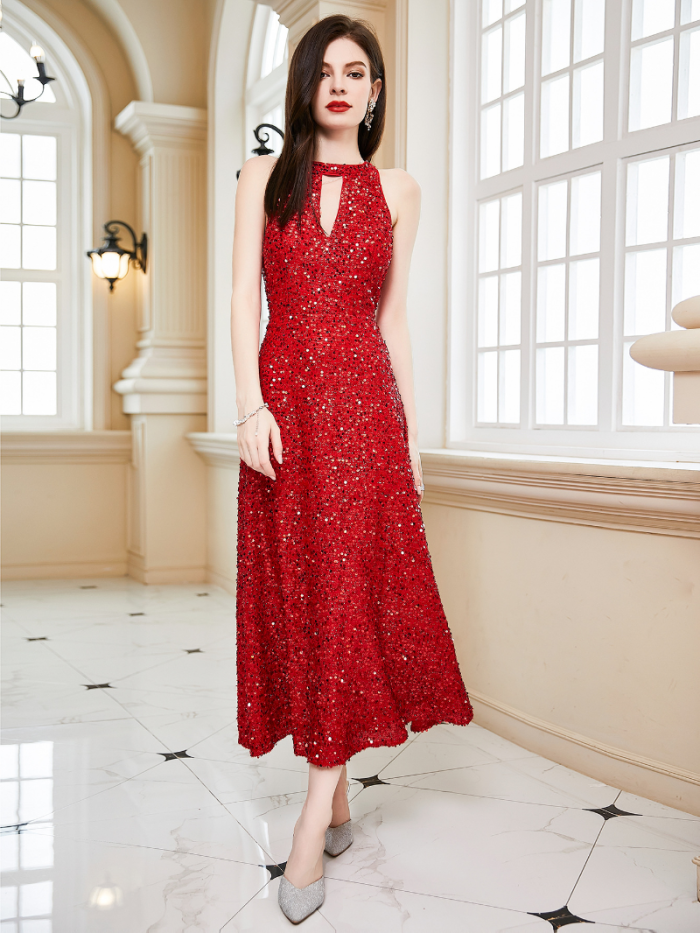 Sexy Corset Elegant Fashionable Sleeveless O-Neck High Waist Sequined Wedding Guest Dress