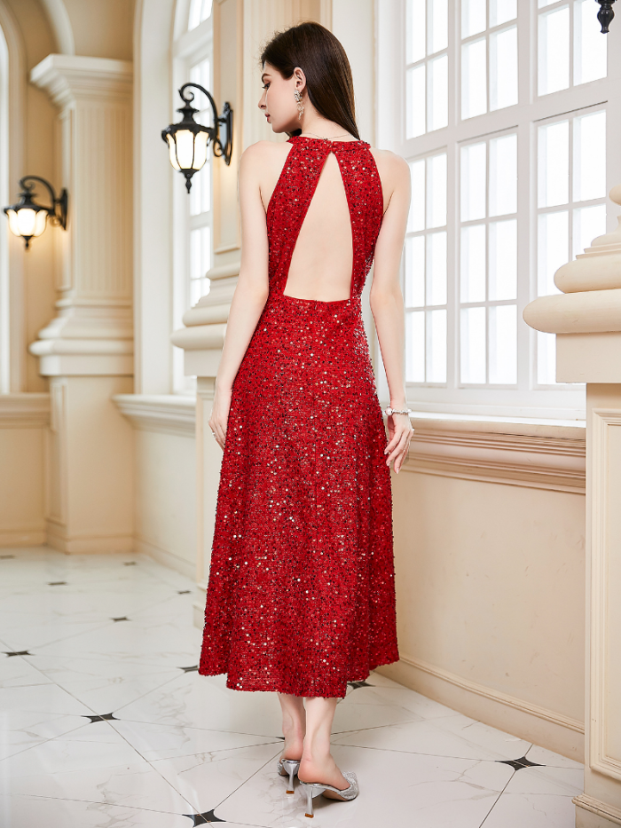 Sexy Corset Elegant Fashionable Sleeveless O-Neck High Waist Sequined Wedding Guest Dress