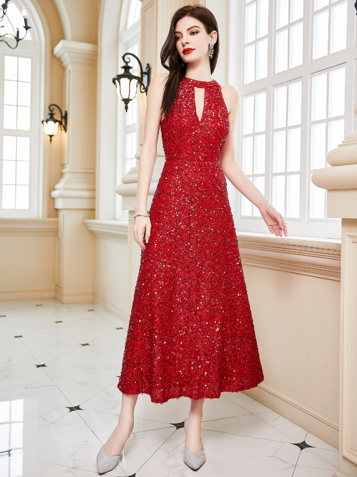 Sexy Corset Elegant Fashionable Sleeveless O-Neck High Waist Sequined Wedding Guest Dress
