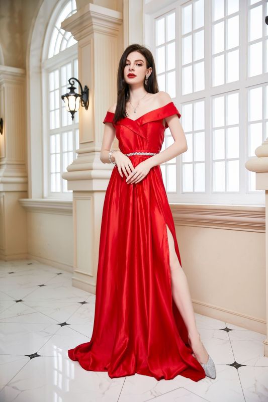 Women's Fashion Off Shoulder A-Line Prom Sexy Backless High Slit Satin Wedding Guest Dress