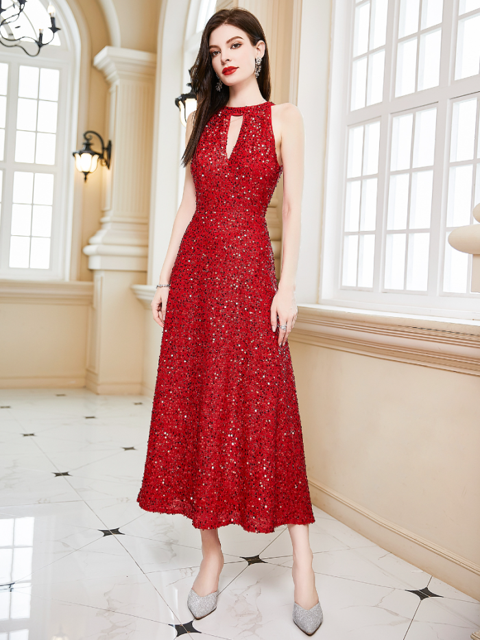 Sexy Corset Elegant Fashionable Sleeveless O-Neck High Waist Sequined Wedding Guest Dress