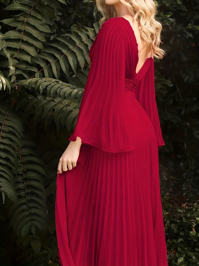 Sexy Pressed Pleated Long Sleeve Slim Fashion V Neck Solid Color Elegant Party  Maxi Dress