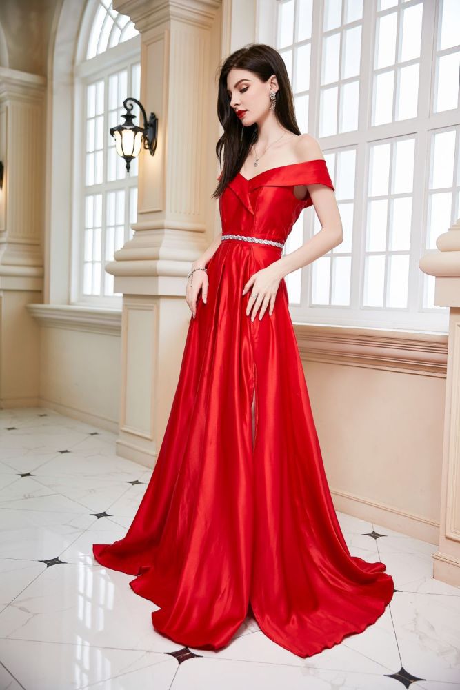 Women's Fashion Off Shoulder A-Line Prom Sexy Backless High Slit Satin Wedding Guest Dress