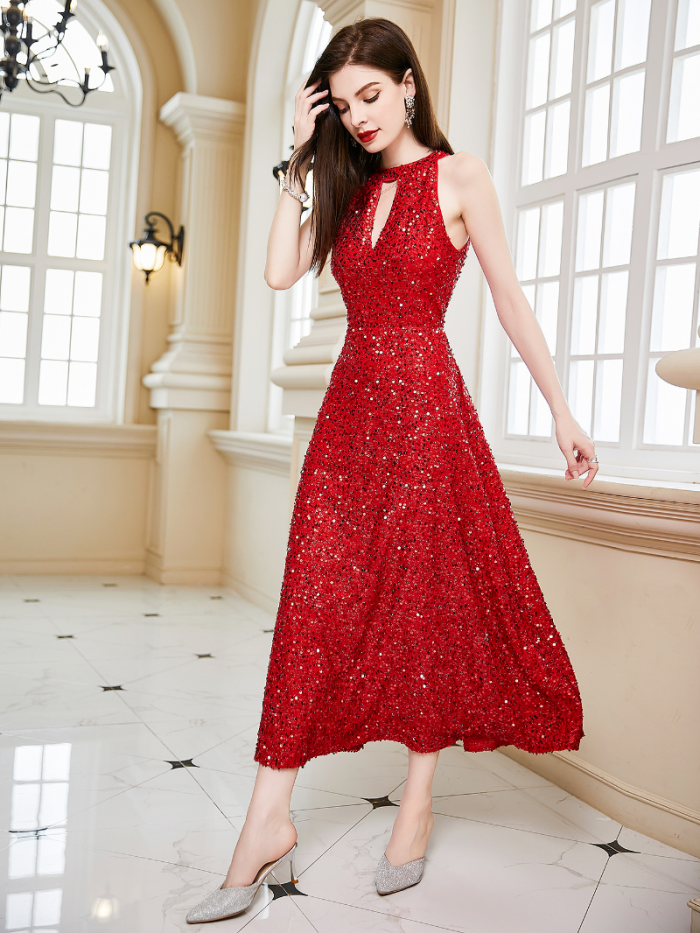 Sexy Corset Elegant Fashionable Sleeveless O-Neck High Waist Sequined Wedding Guest Dress