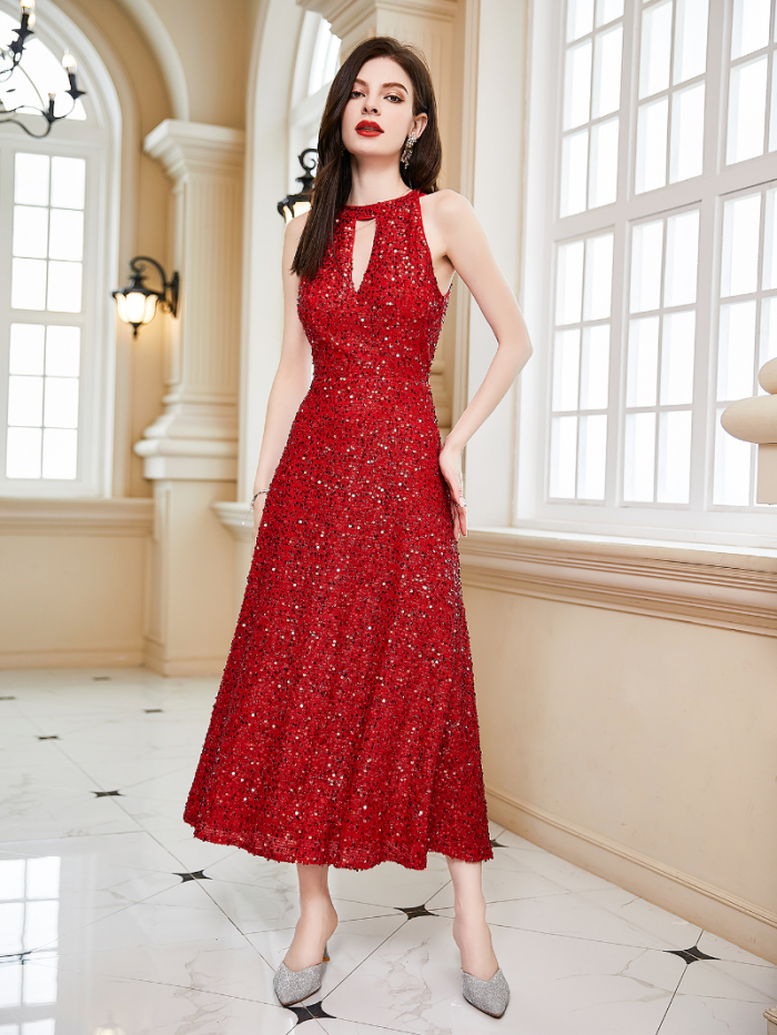 Sexy Corset Elegant Fashionable Sleeveless O-Neck High Waist Sequined Wedding Guest Dress