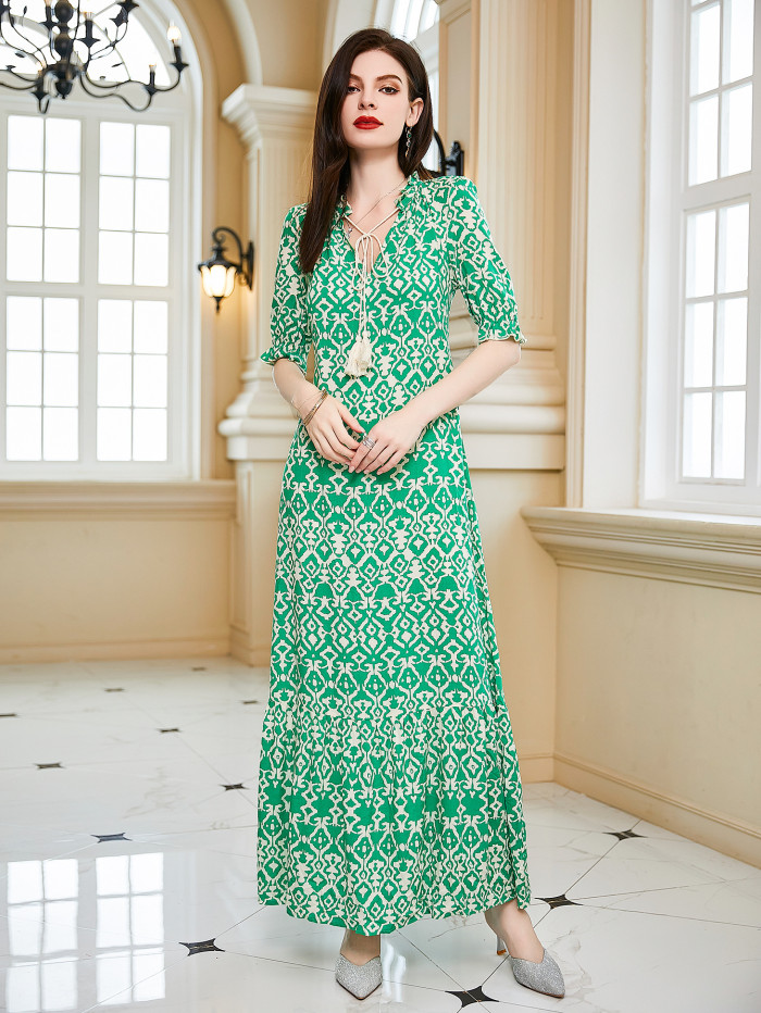 Fashion Women's Sexy V Neck Elegant Prom Print Casual Maxi Dress