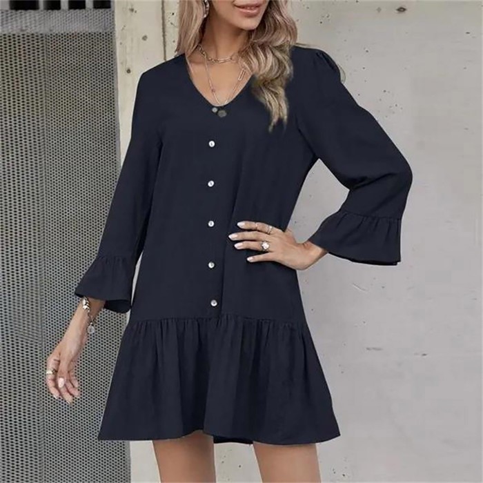 Fashion Button Shirt Solid Color Long Sleeve Round Neck Loose Casual Dress