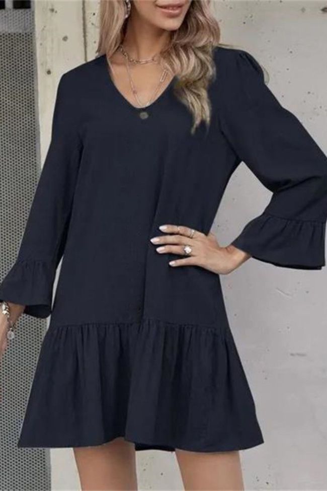 Fashion Button Shirt Solid Color Long Sleeve Round Neck Loose Casual Dress