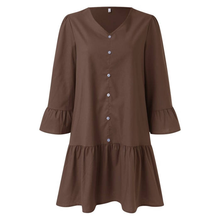 Fashion Button Shirt Solid Color Long Sleeve Round Neck Loose Casual Dress