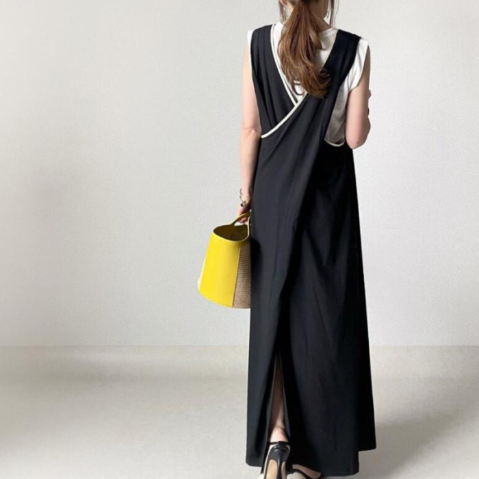 Summer Fashion Solid Color Deep V Cross Back Sleeveless Maxi Dress