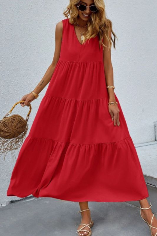 Women's Fashion Sleeveless V Neck Large Swing Solid Color Casual Dress