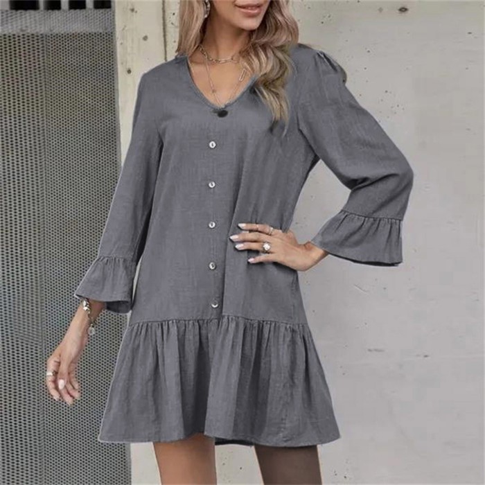 Fashion Button Shirt Solid Color Long Sleeve Round Neck Loose Casual Dress