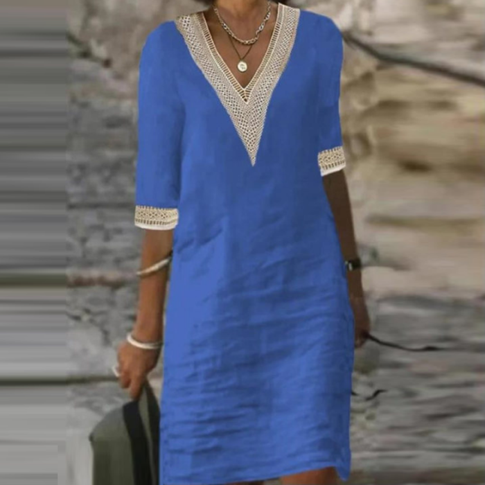 Women's Cotton Linen Fashion Retro Solid Color V Neck Loose Casual Elegant Dress