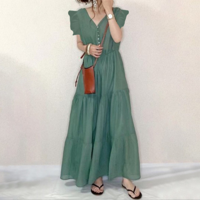 Summer Fashion V-Neck Solid Color Flying Sleeve Stitching Large Swing Casual Maxi Dress