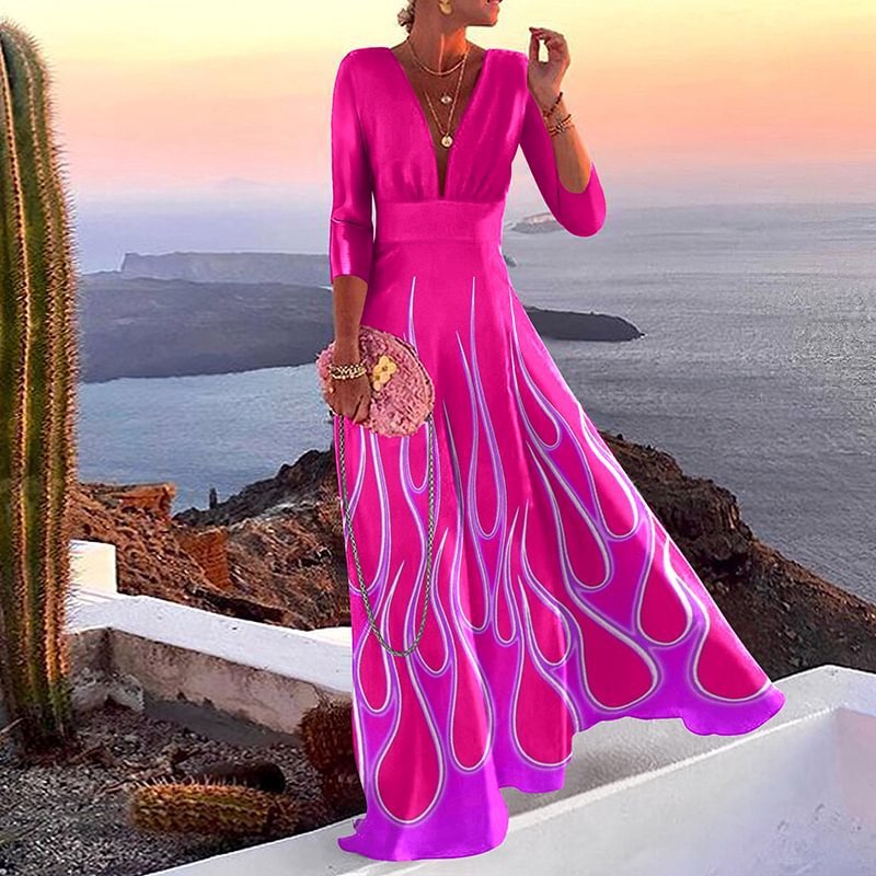 Women's Printed V-Neck Stitching Off-Shoulder Elegant Party  Wedding Guest Dress