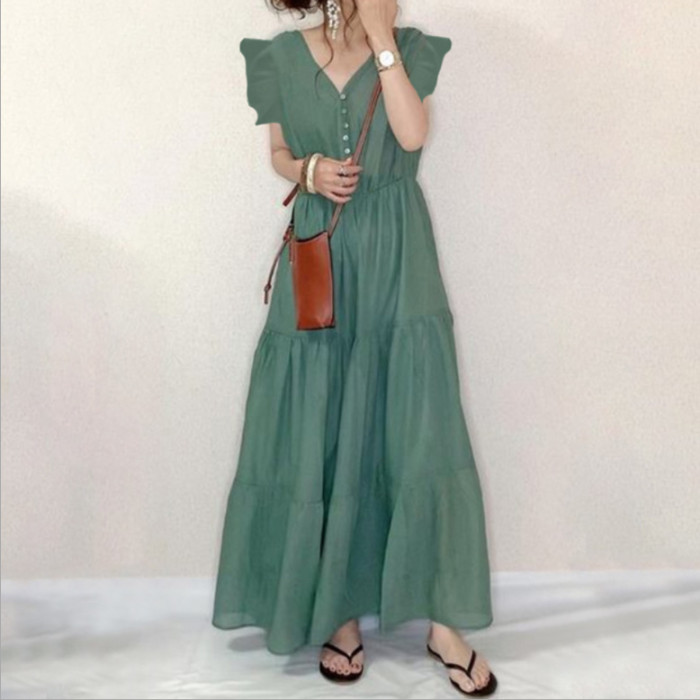 Summer Fashion V-Neck Solid Color Flying Sleeve Stitching Large Swing Casual Maxi Dress