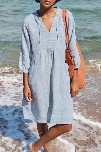 Beach Cotton Linen Relaxed V Neck Pocket Loose Chic Fashion Oversized Casual Dress