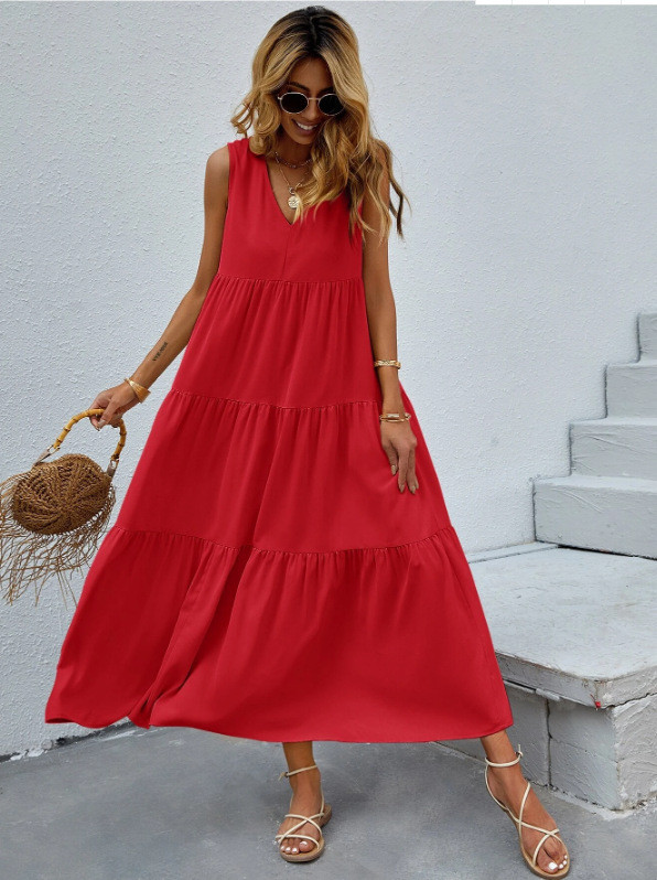 Women's Fashion Sleeveless V Neck Large Swing Solid Color Casual Dress