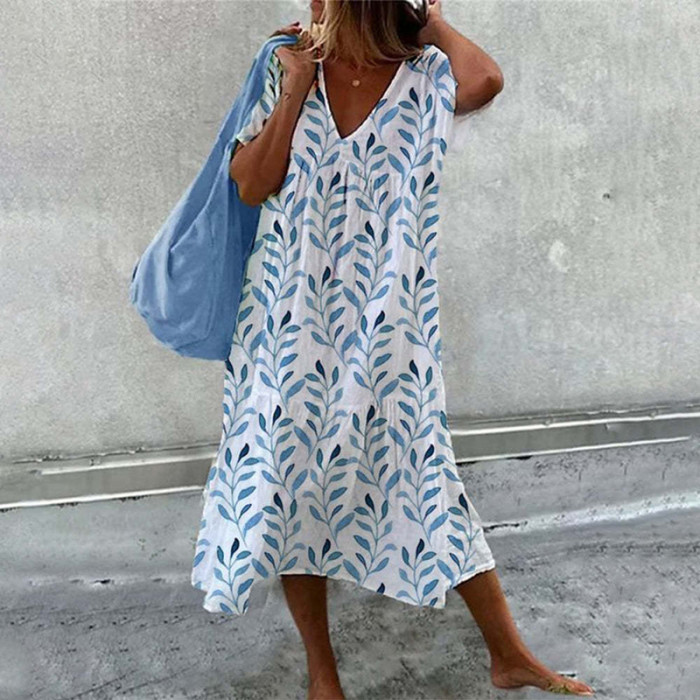 Elegant Summer Print Stitching Casual Short Sleeve Loose V Neck Dress
