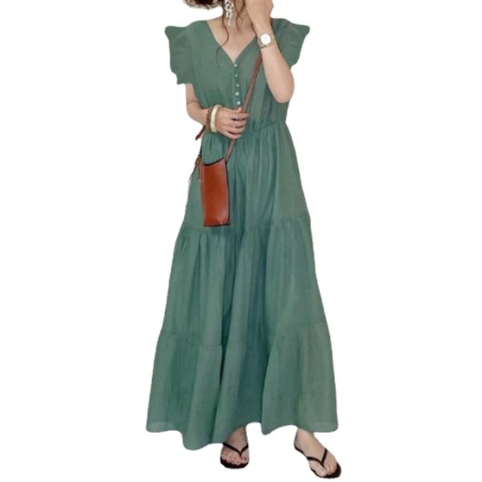 Summer Fashion V-Neck Solid Color Flying Sleeve Stitching Large Swing Casual Maxi Dress