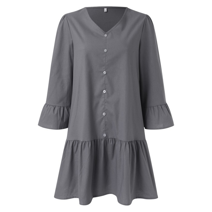 Fashion Button Shirt Solid Color Long Sleeve Round Neck Loose Casual Dress