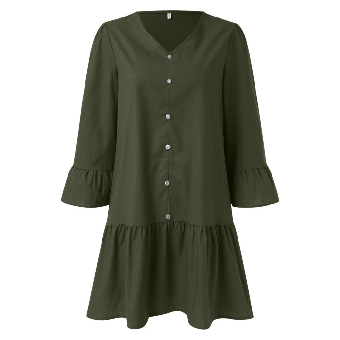 Fashion Button Shirt Solid Color Long Sleeve Round Neck Loose Casual Dress