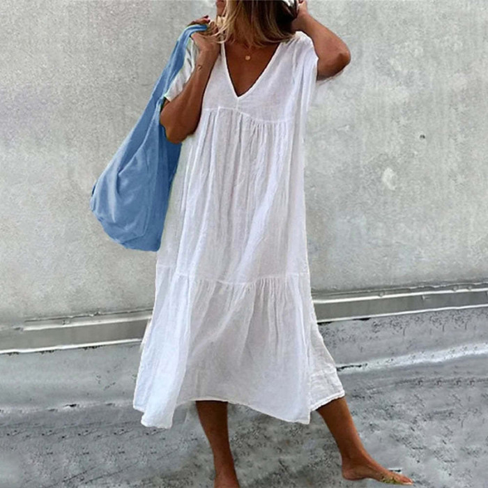 Elegant Summer Print Stitching Casual Short Sleeve Loose V Neck Dress