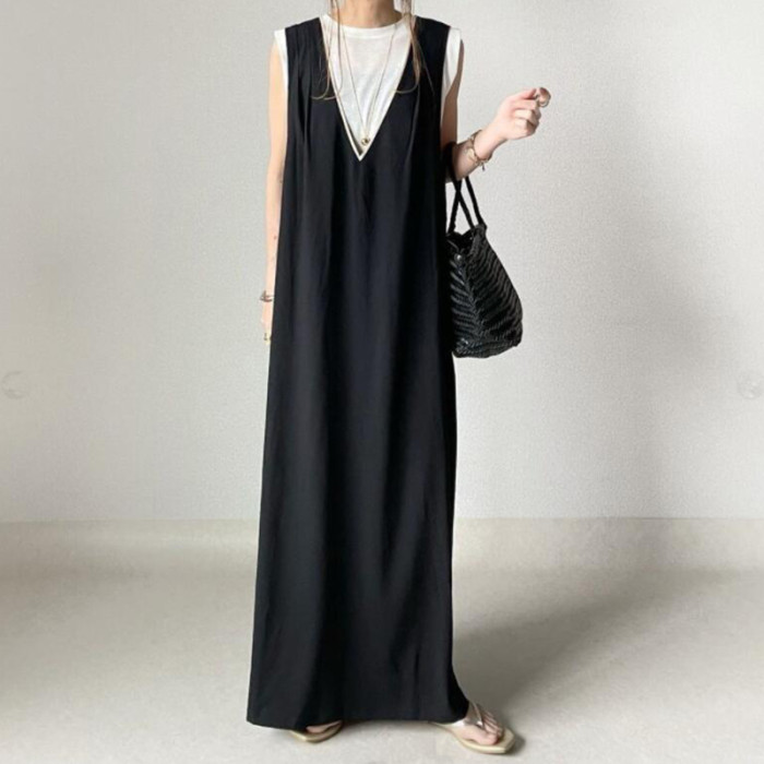 Summer Fashion Solid Color Deep V Cross Back Sleeveless Maxi Dress