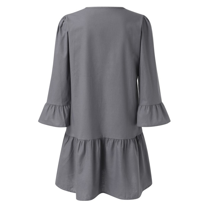Fashion Button Shirt Solid Color Long Sleeve Round Neck Loose Casual Dress