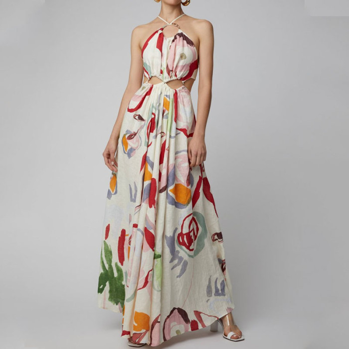 Fashion Sexy Hollow Fashion Floral Sleeveless Halter Neck High Waist Beach Maxi Dress