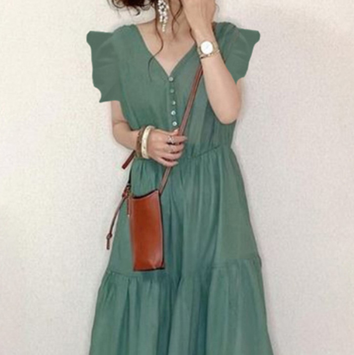 Summer Fashion V-Neck Solid Color Flying Sleeve Stitching Large Swing Casual Maxi Dress