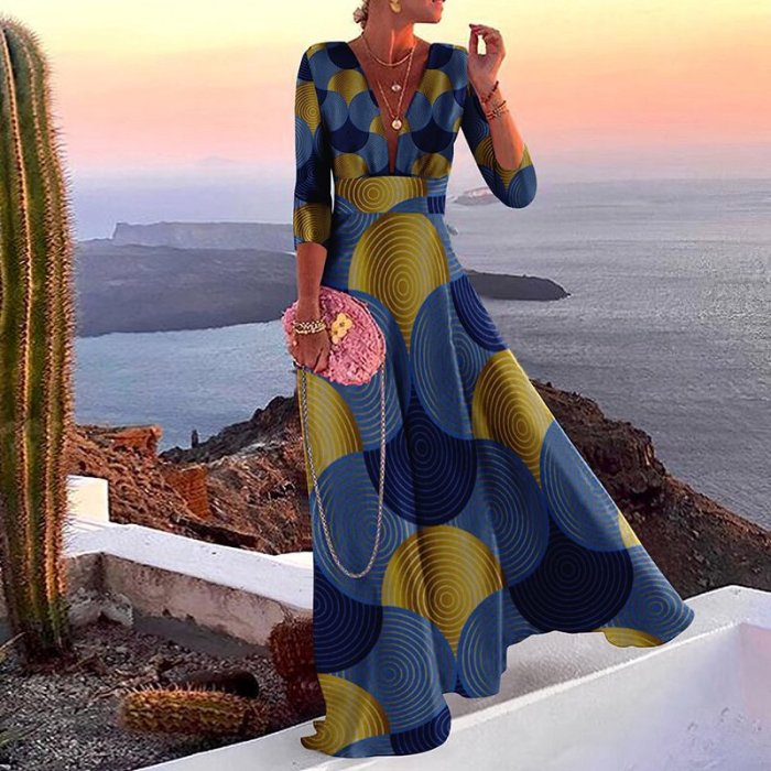 Fashion Stitching Strapless Slanted Shoulder Elegant Party Print  Maxi Dress