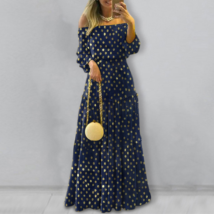 Summer Bohemian Temperament Bronzing Polka Dot Puff Sleeve Casual  Maxi Dress