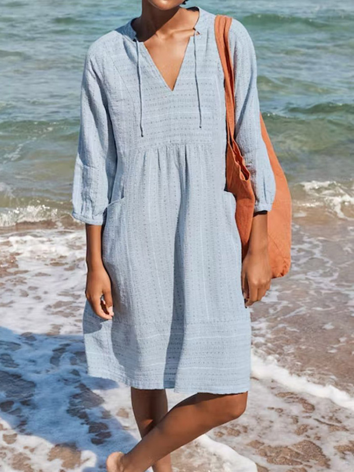 Beach Cotton Linen Relaxed V Neck Pocket Loose Chic Fashion Oversized Casual Dress