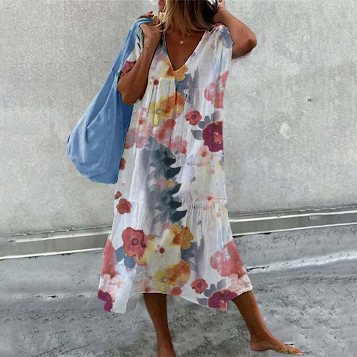 Elegant Summer Print Stitching Casual Short Sleeve Loose V Neck Dress